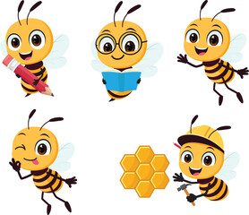 Set of Cute bee mascot cartoon with different expression