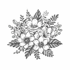 Floral arrangement vintage engraving sketch illustration representing botanical beauty and decorative design, suitable for invitations, packaging, home decor, and vintage floral-themed projects.