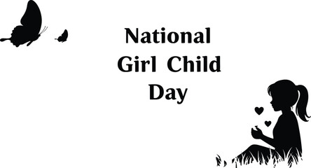 National Girl Child Day illustration, silhouette girl sitting, butterflies flying, awareness poster, child rights, love hearts, grassy ground, feminine care, inspirational design