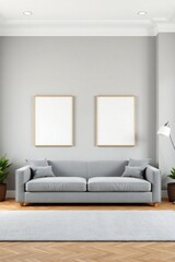Modern living room with gray sofa and two blank picture frames