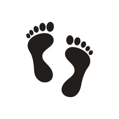 Isolated illustration of black pictogram footprint, foot print, trace bare feet on ground, step, steps, for nature, adventure, sports graphic template
