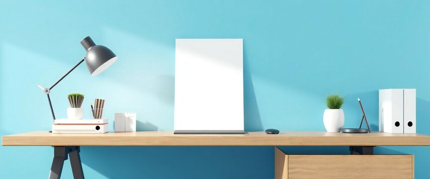 Modern minimalist desk setup with blank canvas and office supplies