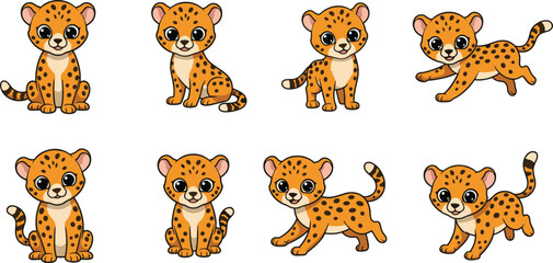 Cute cartoon baby leopard illustrations in different poses, sitting, standing, walking, wildlife, wild cat, animal character, nature, vector art, kid-friendly design, adorable, playful