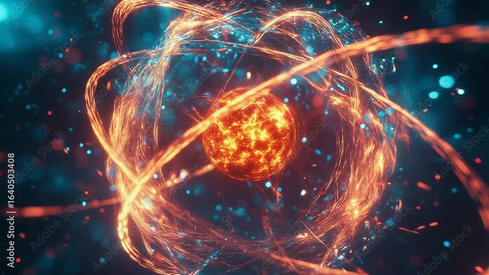 Wall mural atom particles orbiting around nucleus generating energy and electrons flowing