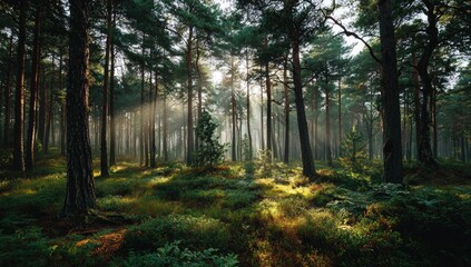 Obraz premium Sunlight streams through a misty pine forest