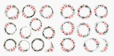 A collection of delicate watercolor wreaths featuring pink flowers and green leaves, arranged in circular frames for decorative designs.