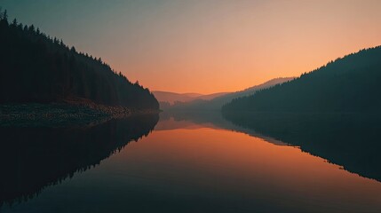 Fototapeta premium Calm lake at sunset, misty mountains
