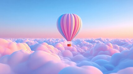 Obraz premium A vibrant hot air balloon floats above fluffy,pastel-colored clouds during a serene sunset,evoking a sense of peace.