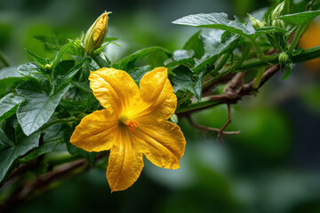 Cucumber flower blooming on a vibrant green vine in a garden
