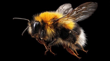 Fluffy bumblebee in flight, showing wings, fuzzy body, and detailed head on black