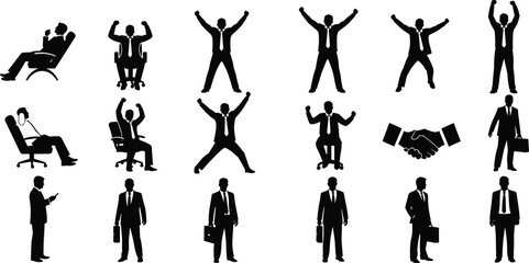 Successful Businessman Silhouette Collection: celebrating victory, corporate achievements, and professional success in a variety of poses, teamwork and partnership concepts, vector illustration