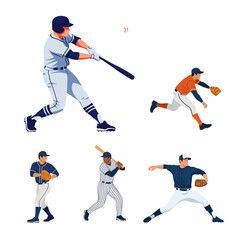A set of baseball players in action. Dynamic vector illustration depicting various poses: batting, fielding, and pitching, perfect for sports design.