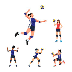 A set of female volleyball players in action. This vector illustration depicts various poses, including spiking, passing, and serving, in a dynamic style.