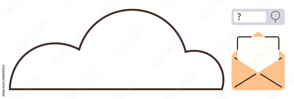 Poster abstract cloud outline connected to open envelope with search bar above, evoking communication, data