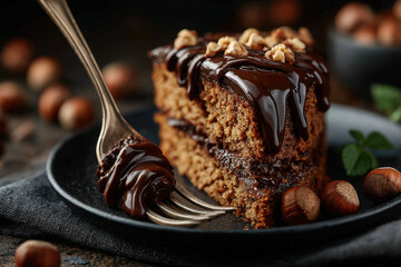 Fork digging into a slice of rich hazelnut chocolate cake