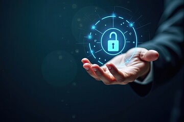 Hand holding a holographic security lock icon.