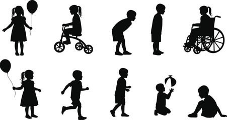 Children silhouette vector set, kids playing outdoors, girl with balloon, boy on tricycle, running child, toddler sitting, child with wheelchair, childhood fun, diverse kids, happy moments