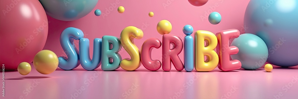 Poster colorful 3d text subscribe with floating spheres.