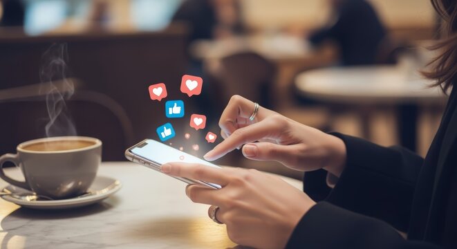 Woman Using Mobile Phone with Social Media Icons in Coffee Shop for Online Communication