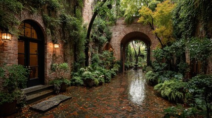 Fototapeta premium Rain-swept courtyard with lush greenery