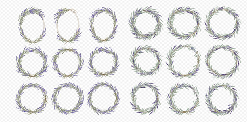 A set of hand-drawn watercolor wreaths and frames made of delicate purple lavender flowers and green leaves.