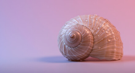 Close-up of a beautiful seashell with water droplets on pink gradient background