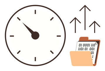 Clock face symbolizes time tracking, open folder with binary data conveys digital information, upward arrows indicate progress. Ideal for productivity, technology, efficiency, workflow, organization