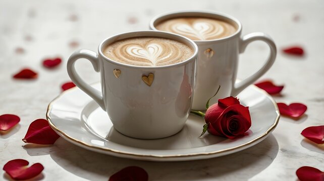 Romantic coffee break with latte art hearts and red rose petals for Valentine's Day celebration