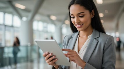 A smiling businesswoman in a grey suit uses a tablet computer in a modern office setting, looking at the screen - Powered by Adobe