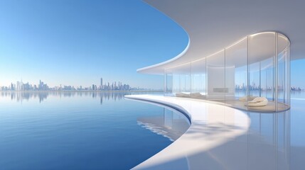 Fototapeta premium A modern curved building with glass walls and a white exterior overlooks a calm body of water with a cityscape in the background.