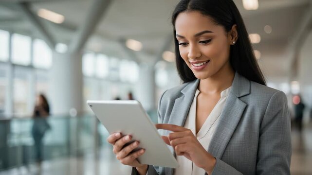 A smiling businesswoman in a grey suit uses a tablet computer in a modern office setting, looking at the screen