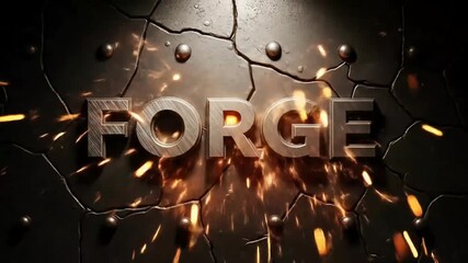 Cracked metal surface, secured with rivets, displaying the word "FORGE" with a central burst of light and fiery sparks - Powered by Adobe