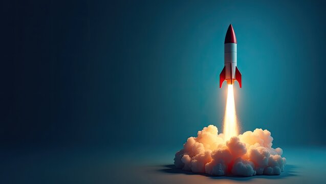 A rocket launches into a dark space. - Powered by Adobe