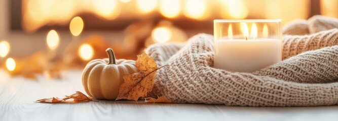 Obraz premium A warm autumn evening ambiance is created by a glowing candle and a soft blanket. Nearby, a small pumpkin and colorful autumn leaves complete the cozy atmosphere
