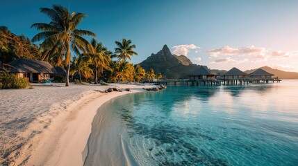 Fototapeta premium tropical beach with turquoise water, white sand, palm trees, overwater bungalows, cinematic golden hour