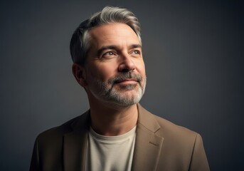 Thoughtful middle aged man with graying hair and beard