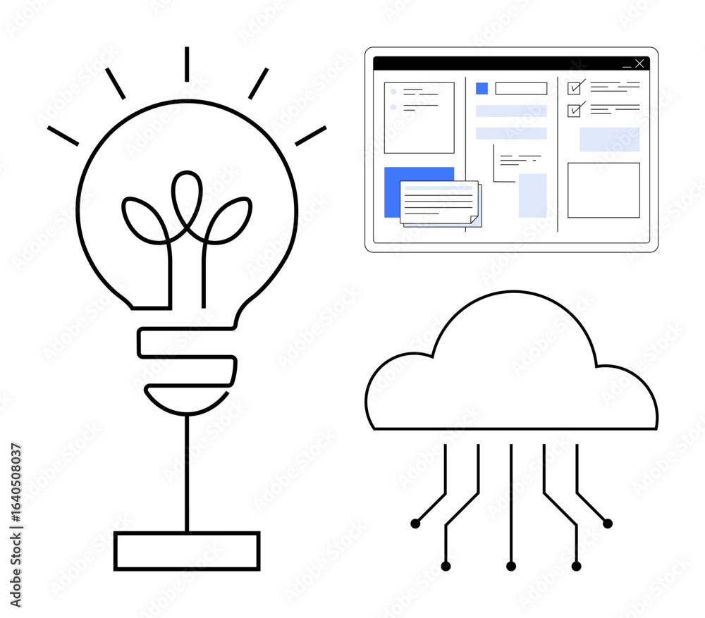 Poster light bulb representing ideas, cloud with data connections, and digital workspace interface. ideal f