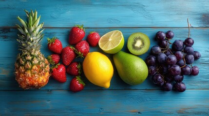 Flat lay of colorful summer fruits on rustic wooden table, top view, vibrant and fresh composition, healthy lifestyle theme

