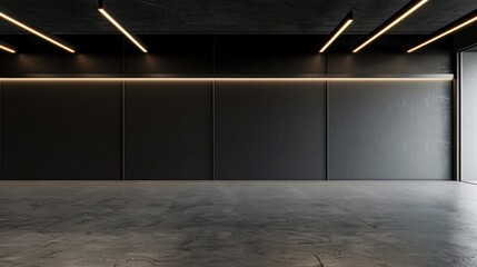 Modern dark room, empty space, concrete floor, city view, advertisement