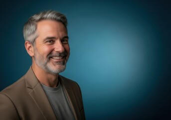 Smiling middle aged man with gray hair and beard in a blazer