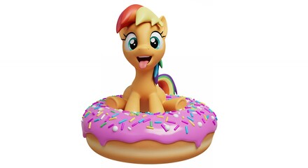 Cartoon pony sitting on donut illustration