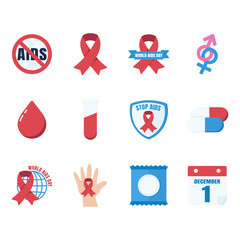 World AIDS Day Awareness Icons Set with Red Ribbon, Stop AIDS Symbol, December 1 Calendar, Blood Drop, Test Tube, Pills, Condom, Gender Sign, and Healthcare Symbols in Flat Vector Illustration