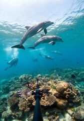Obraz premium Underwater Scene with Dolphins and Coral Reef Featuring Scuba Diver in Clear Blue Water