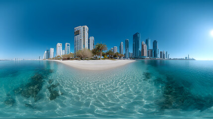 A beautiful, 360-degree view of a beach with skyscrapers. The sky is blue and the weather is perfect. This image is perfect for creating virtual reality experiences.