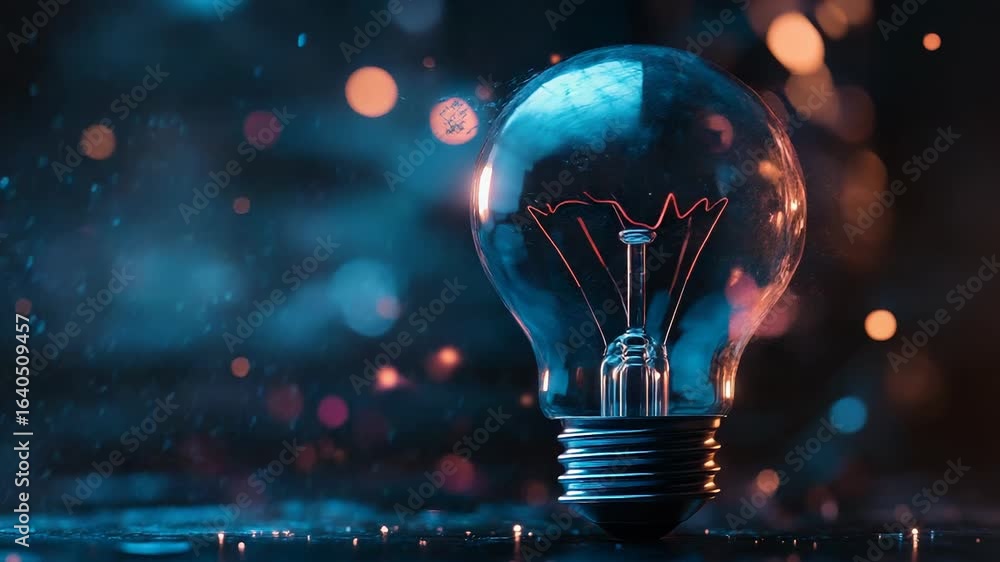 Poster light bulb exploding with pink and blue particles showing innovation