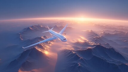 Obraz premium An airplane flying above a sea of mountains during a sunset,creating a stunning aerial view.