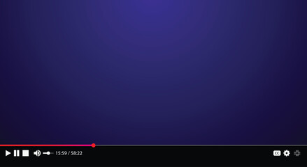 Modern video player interface with controls and progress bar on a blank dark background. Concept for streaming, media, and digital content. Vector EPS10.