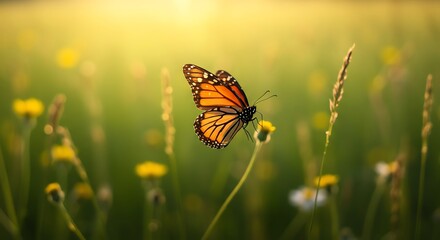 Orange Monarch Butterfly Resting on Yellow Flower in Sunny Meadow