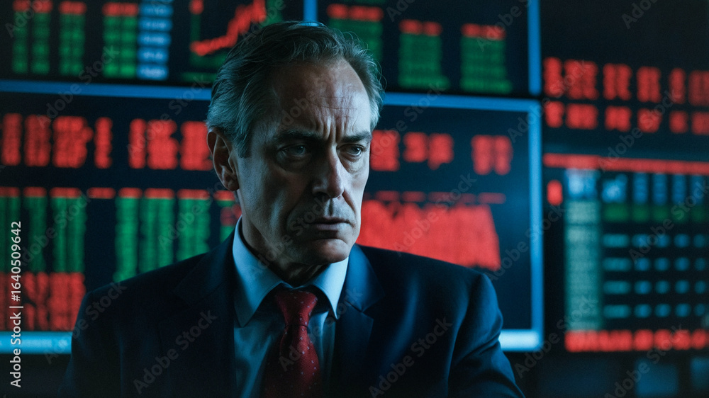 Poster focused trader: a determined-looking trader stares intently, surrounded by monitors displaying finan