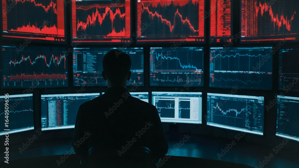 Poster financial data analysis: a silhouetted figure intensely monitors multiple computer screens displayin